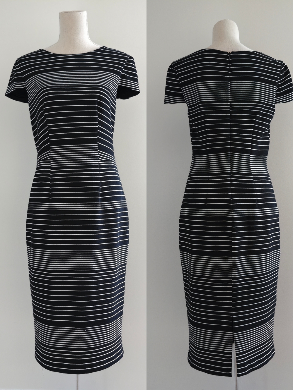 Saks Fifth Avenue Black and White Striped Knit Sheath Midi Dress